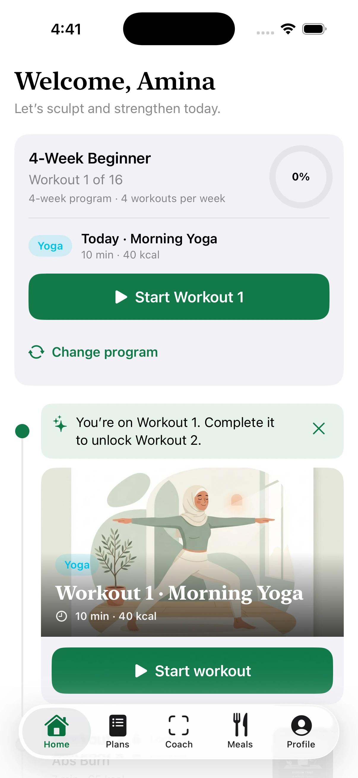 Muslima Fit Home screen showing a four-week beginner program, today’s workout, and the ordered workout timeline