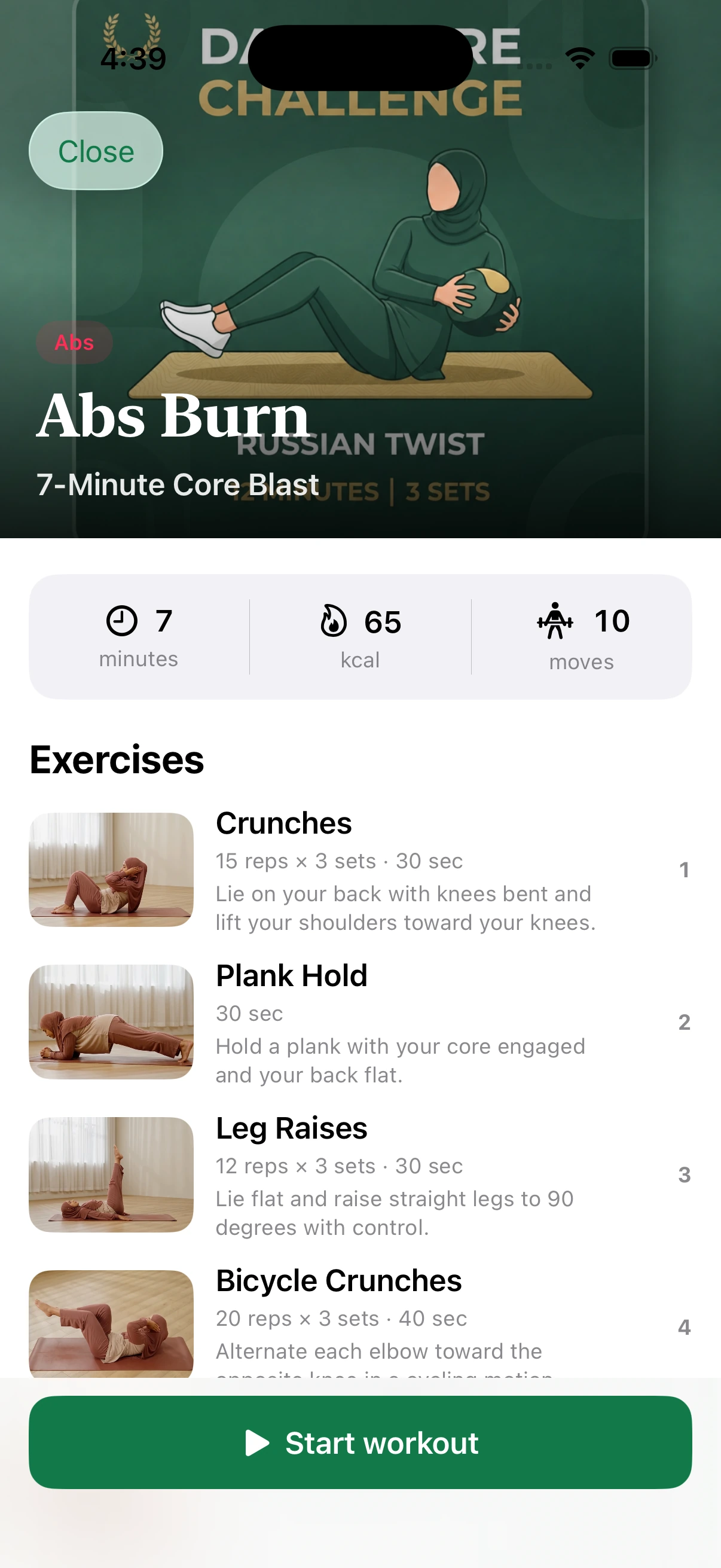 Muslima Fit workout detail screen listing the exercises in a seven-minute core workout